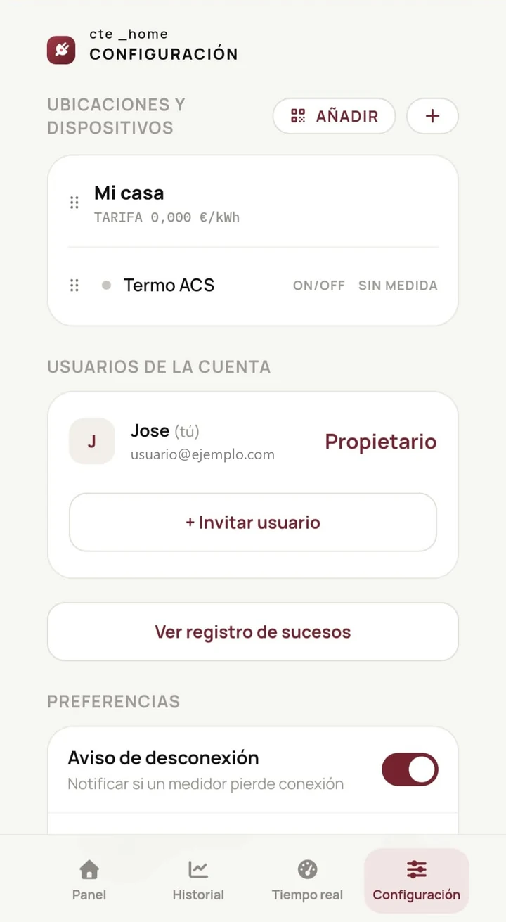 Pantalla de configuración de cte _home con las ubicaciones, los dispositivos y los usuarios de la cuenta